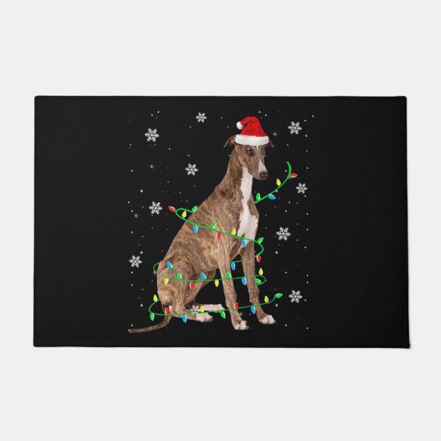 Felpudo navidades grises iluminan lindo santa greyhound (Anverso)