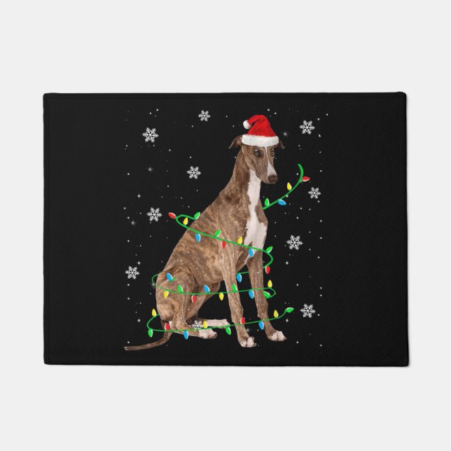 Felpudo navidades grises iluminan lindo santa greyhound (Anverso)