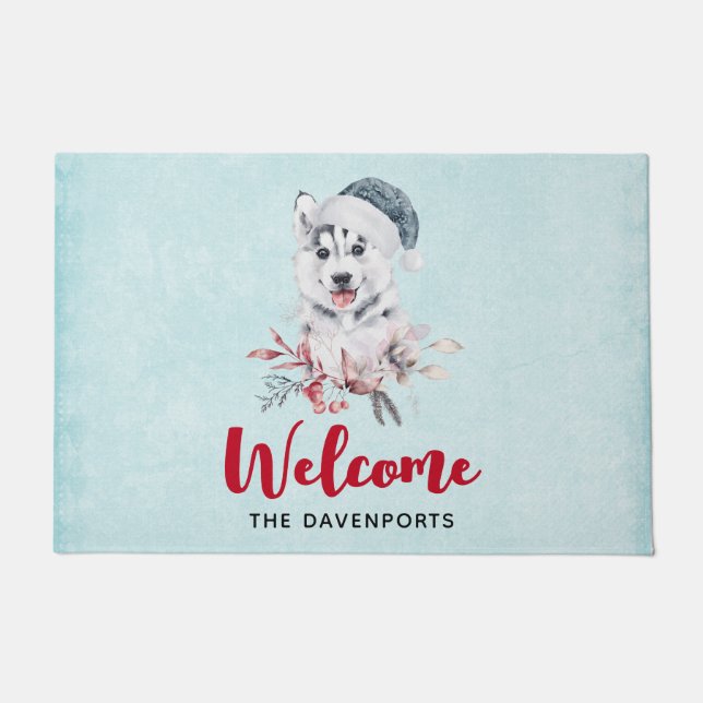 Felpudo Navidades Husky Dog en Santa Hat (Anverso)