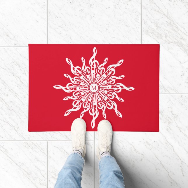 Felpudo Navidades Monograma Ornamental Rojo G-Clef Snowfla (Interior)