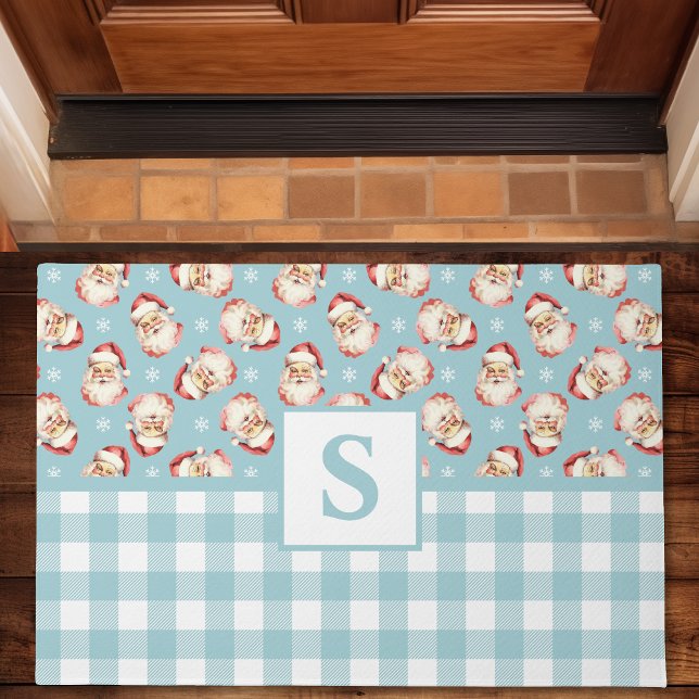 Felpudo Navidades Monogramados de Santa Blue Gingham (Subido por el creador)