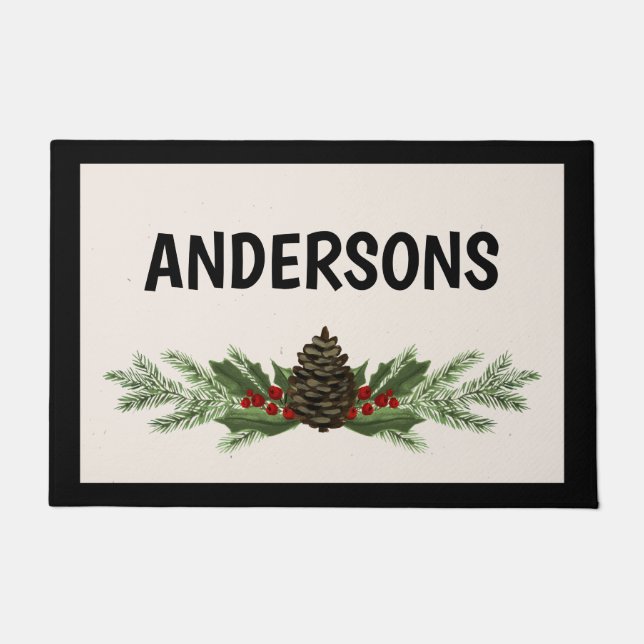 Felpudo Navidades monogramados Doormat con Pine Greenery (Anverso)