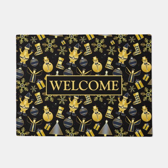 Felpudo Navidades Patrón de regalo de oro Santa Snowman (Anverso)