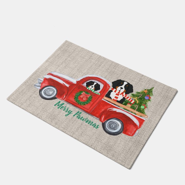 Felpudo Navidades personalizados Berner Dogs Red Truck Bur (Angular)