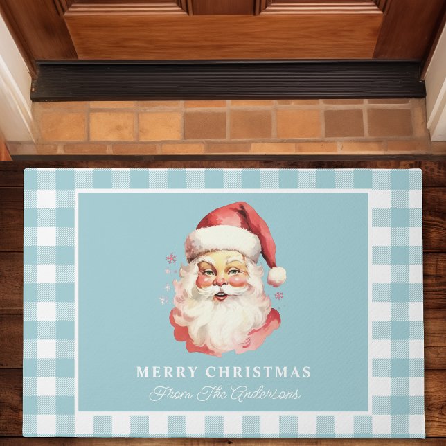 Felpudo Navidades personalizados de Santa Blue Gingham (Subido por el creador)