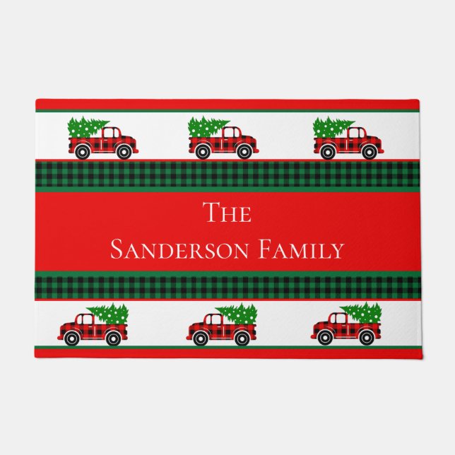 Felpudo Navidades Red Truck Chef Green Buffalo Plaid (Anverso)
