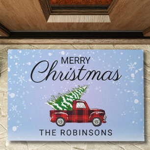 Felpudo Navidades Red Truck Plaid Family Name