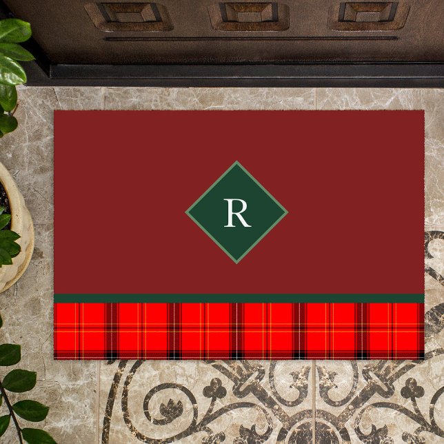 Felpudo Navidades Red y Green Plaid Tartán Monogrammed (Subido por el creador)