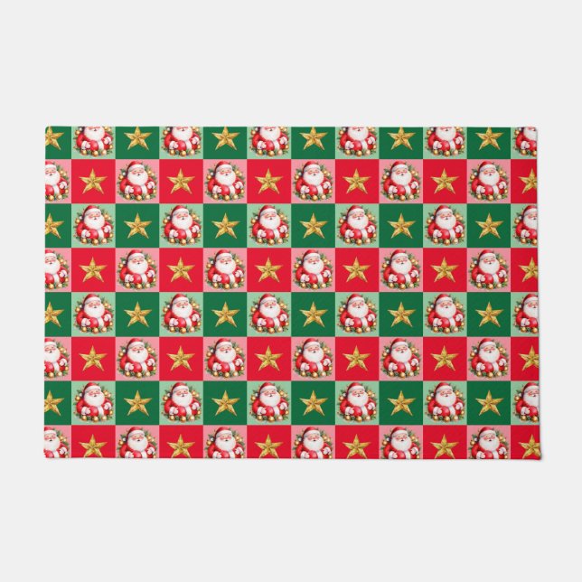 Felpudo Navidades Retro Santa Claus Tartan Plaid (Anverso)