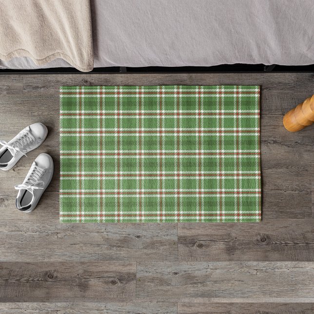 Felpudo Navidades Rustic Green Holiday Plaid Farmhouse (Simple green and red classic holiday plaid pattern doormat)