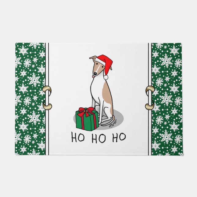 Felpudo Navidades Santa Hat Whippet Dog Fawn & white Cute (Anverso)