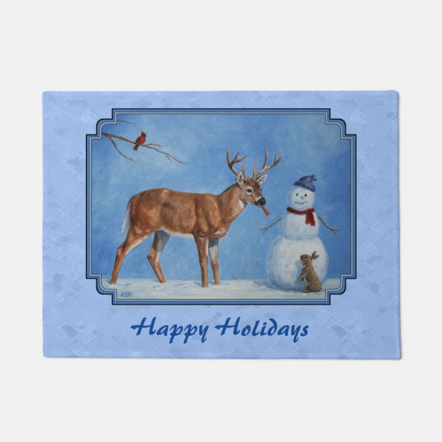 Felpudo Navidades Snowman Deer Cute Bunny Blue (Anverso)