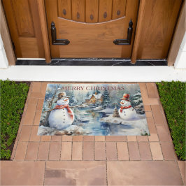 Felpudo Navidades Snowmen Log Cabin Woods River