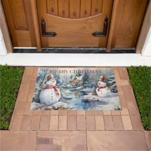 Felpudo Navidades Snowmen Log Cabin Woods River