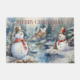 Felpudo Navidades Snowmen Log Cabin Woods River