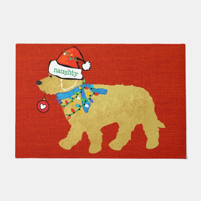 Felpudo Navidades traviesos Goldendoodle Xmas Red Burlap (Anverso)