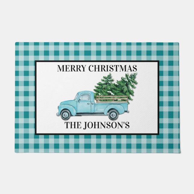 Felpudo Navidades Turquois Blue Truck Turquoise Check (Anverso)