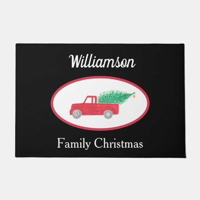 Felpudo Navidades Vintage Red Truck Family Name Black (Anverso)