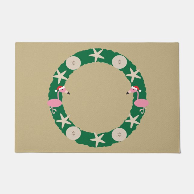 Felpudo Navidades Wreath Beach Flamingo Sand Dollar Shells (Anverso)