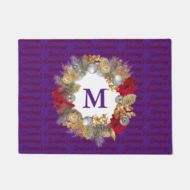 Felpudo Navidades Wreath MONOGRAM PURPLE decorativo (Anverso)
