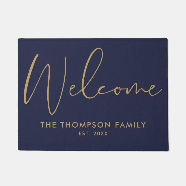 Felpudo Navy Blue And Gold Custom Family Name Welcome (Anverso)