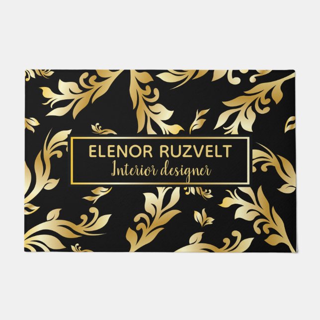 Felpudo negro dorado elegante moderno diseño de damasco fl (Anverso)