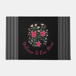 Felpudo Negro gris oscuro y fucsia florido acentuado