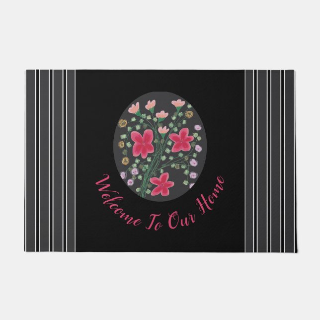 Felpudo Negro gris oscuro y fucsia florido acentuado (Anverso)