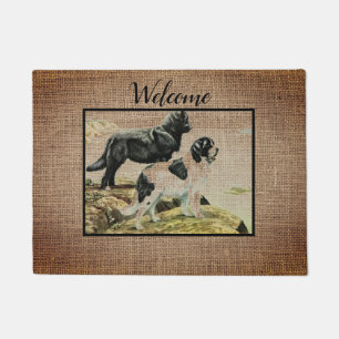 Felpudo Newfies vintage en burlap - bienvenido