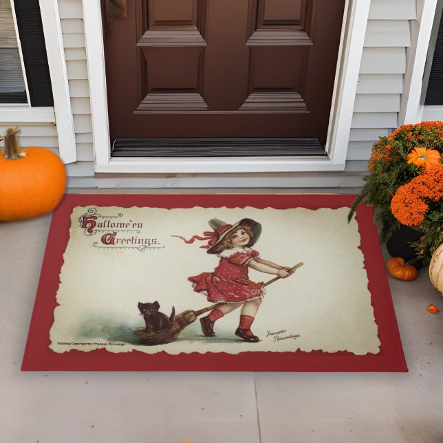 Felpudo Niña virgen bruja en la sala Halloween (Vintage Little Girl Witch on Broom Halloween Doormat)