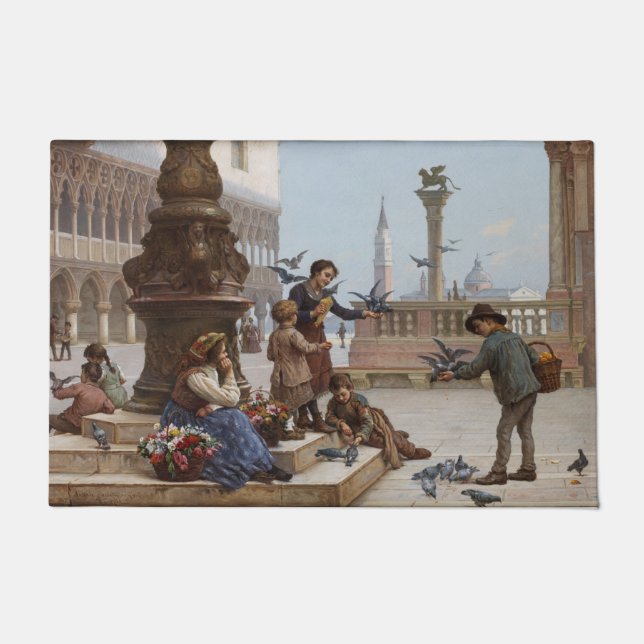 Felpudo Niños alimentando palomas en Venecia (por Paoletti (Anverso)