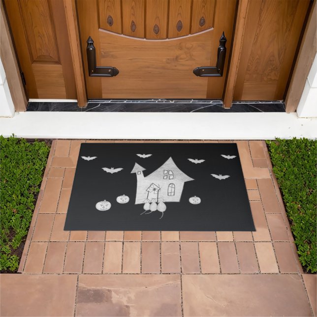 Felpudo Noche de Halloween con casa embrujada, murciélagos (Exterior)