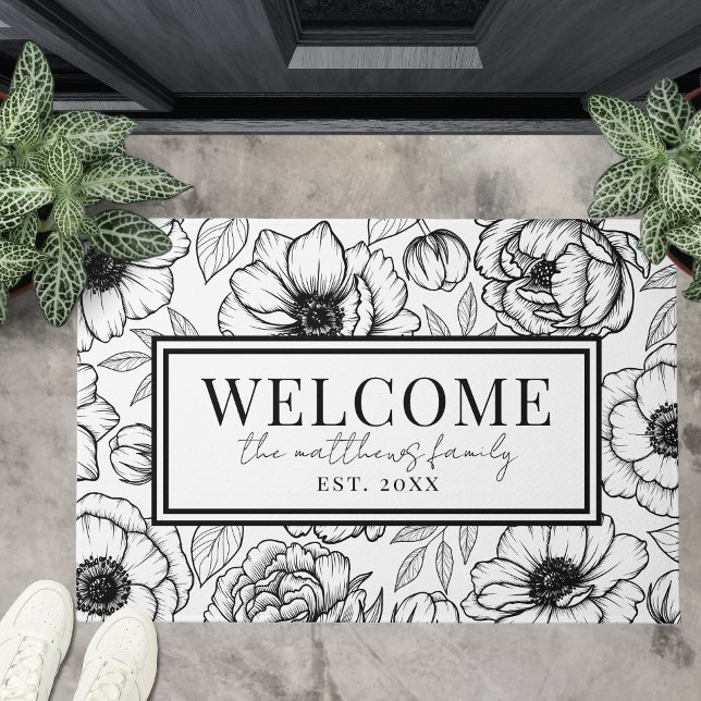Felpudo Nombre blanco negro de bienvenida (Welcome Black White Name Doormat)