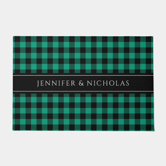 Felpudo Nombre de Cuadros Escoceses Gingham Verde Rústico (Anverso)