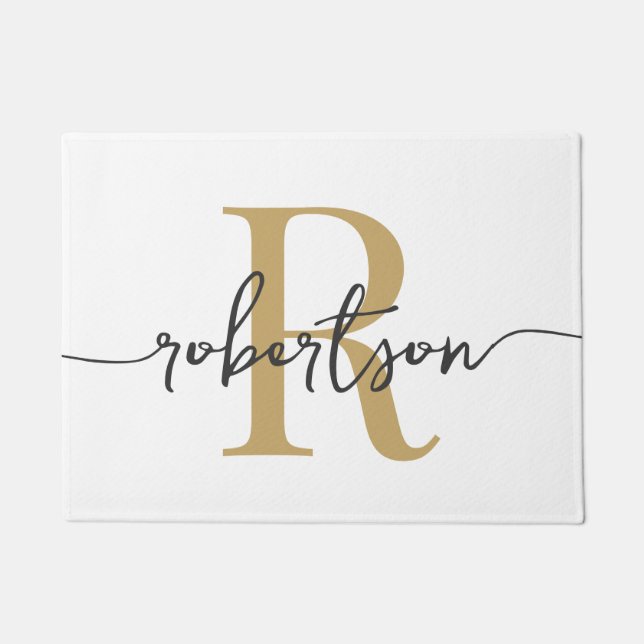 Felpudo Nombre de familia con monograma moderno en blanco  (Anverso)