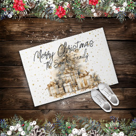 Felpudo Nombre de familia de árbol de navidad de oro retro