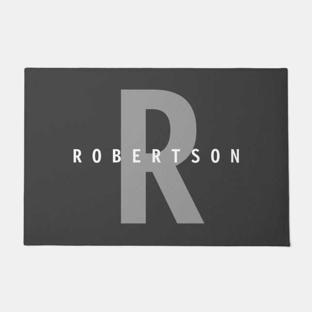 Felpudo Nombre de familia de monograma moderno gris (Anverso)