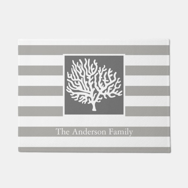 Felpudo Nombre de familia de rayas grises náuticas y árbol (Anverso)