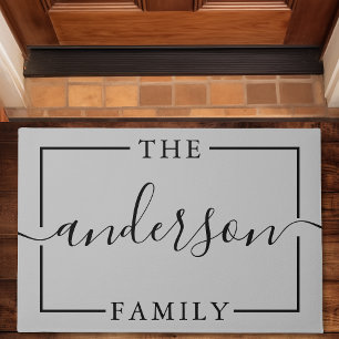 Felpudo Nombre de familia gris personalizado con letra de 