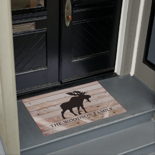 Felpudo Nombre de familia personalizada Rustic Moose Wood