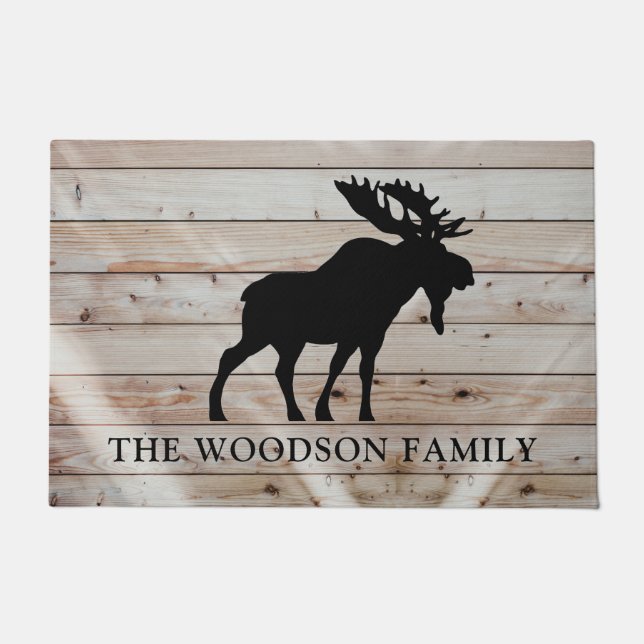 Felpudo Nombre de familia personalizada Rustic Moose Wood (Anverso)
