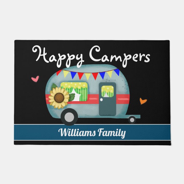 Felpudo Nombre de familia Personalizado Campers Happy (Anverso)