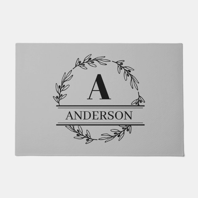 Felpudo Nombre de familia Wreath Monograma Gris negro (Anverso)