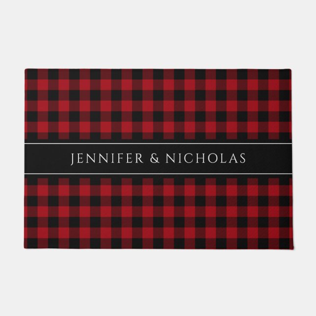 Felpudo Nombre de Gingham a Cuadros Rojos Rústicos (Anverso)
