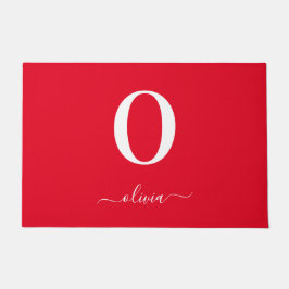 Felpudo Nombre De Guión Monograma Personalizado Rojo Y Bla