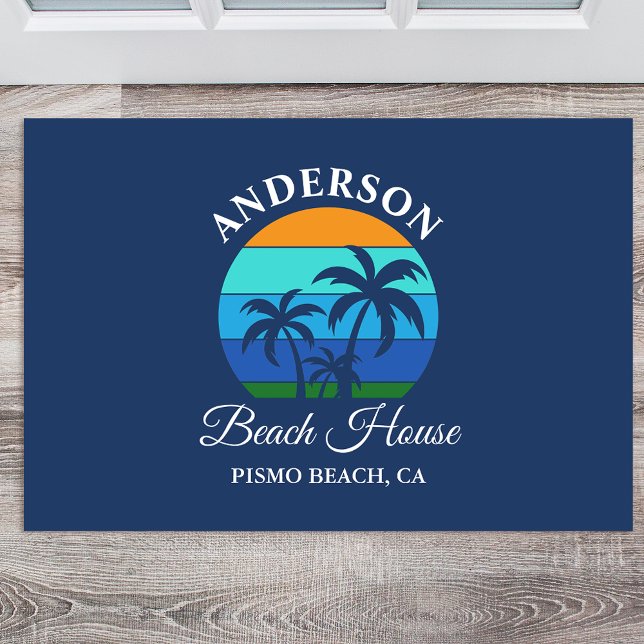 Felpudo Nombre de la familia Casa de la playa Sun Palm Tre (Customize to change text size or text style.)
