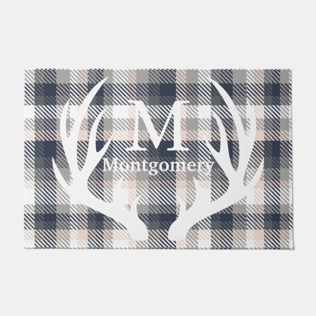 Felpudo Nombre de la familia Heather Gray Plaid Antlers (Anverso)
