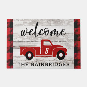 Felpudo Nombre de la familia Rustic Red Vintage Truck Buff