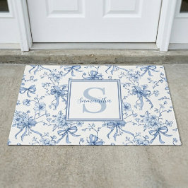 Felpudo Nombre de monograma de toile francés floral azul