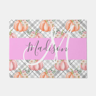 Felpudo Nombre de monograma gris floral femenino rosa melo